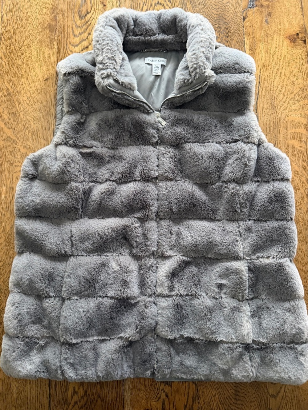 Calvin Klein Faux Fur Vest Women's XL Gray Stand Collar Full Zip Textured